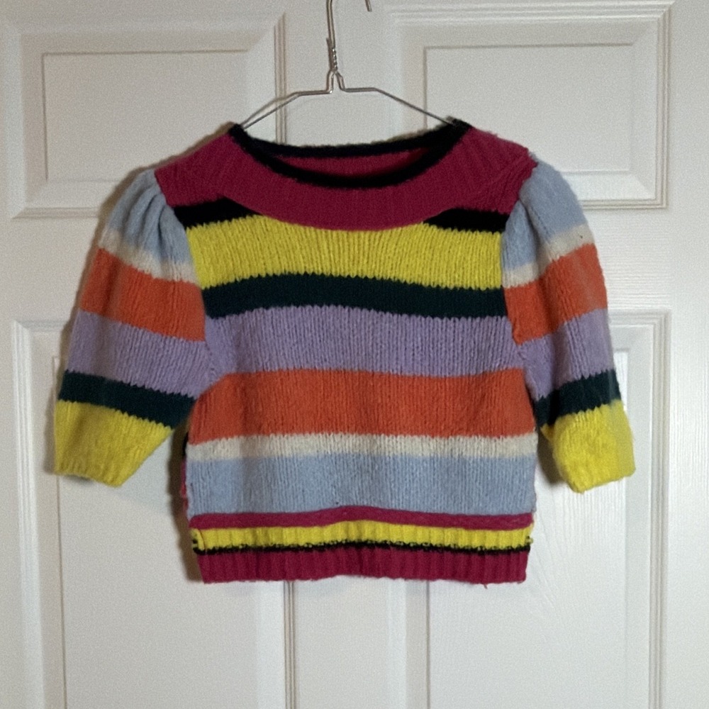 Free People Small Multicolor Striped Knit Cropped Sweater Crew Neck 3/4 Sleeve